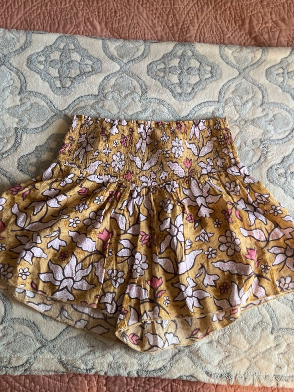 aerie Mustard Floral Smocked Waist Shorts Skort